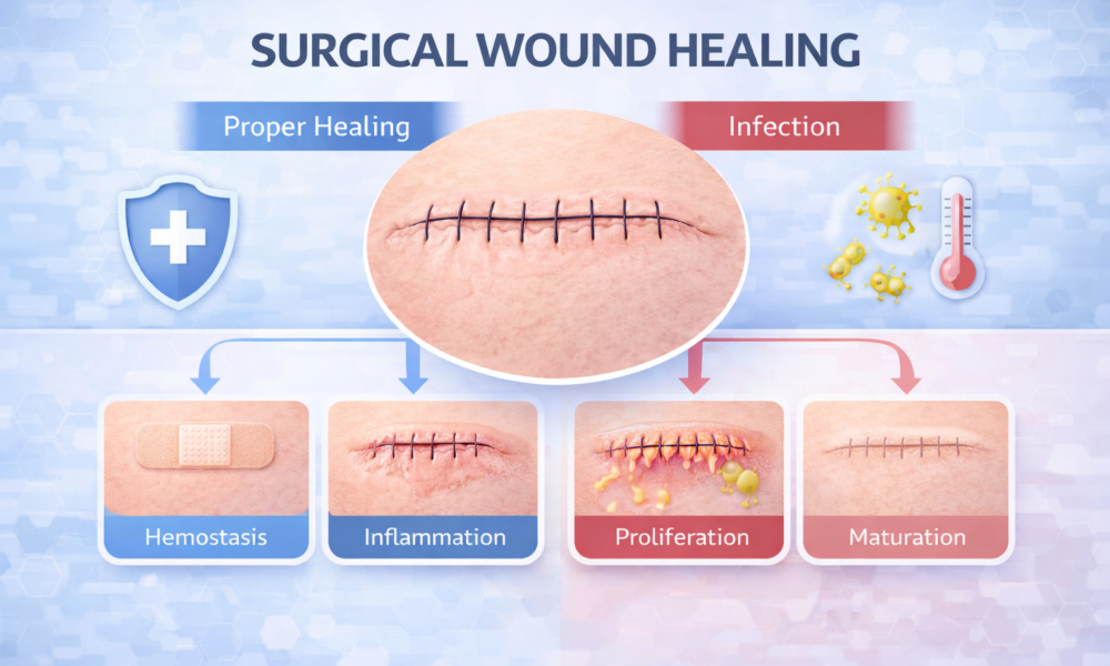medical infographic showing surgical wound healing stages and proper wound care