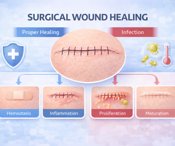 medical infographic showing surgical wound healing stages and proper wound care
