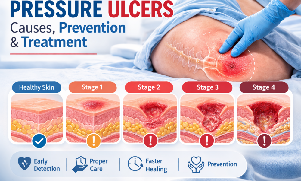 medical infographic showing pressure ulcer stages and treatment for chronic wounds