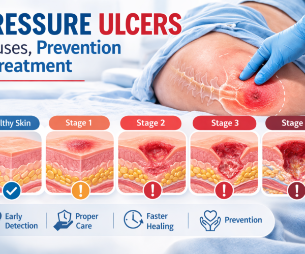 medical infographic showing pressure ulcer stages and treatment for chronic wounds