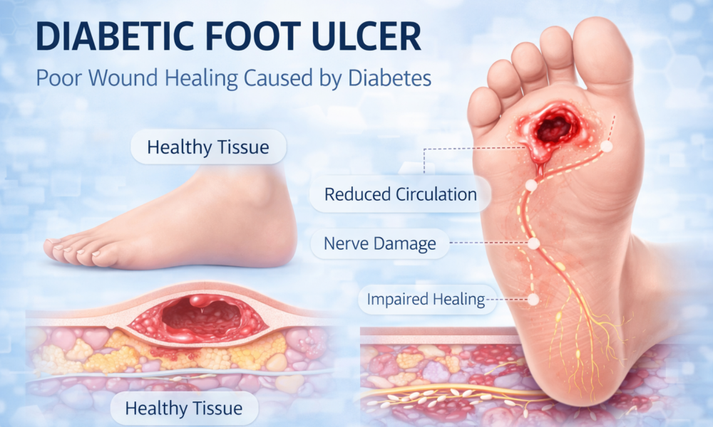 medical infographic showing diabetic foot ulcer and poor wound healing caused by diabetes