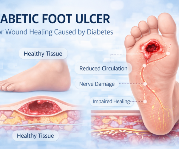 medical infographic showing diabetic foot ulcer and poor wound healing caused by diabetes